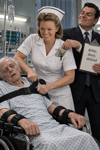 Satirical healthcare scene with a restrained patient, nurse, and insurance executive